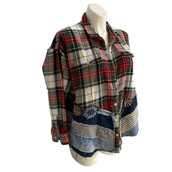 Flannel Shirt Womens 2XL Sugar Skull Shacket Upcycled Grunge Maximalist Rock - Picture 12 of 16